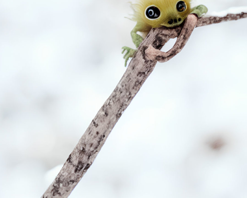 Green creature with big eyes on slanted branch in snowy background