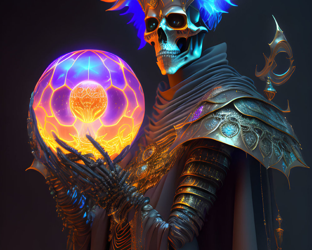 Skeletal figure with ornate horns and armor holding mystical orb