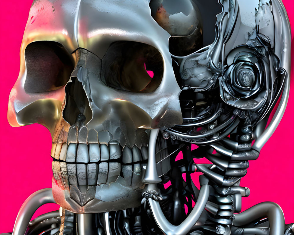 Metallic Cyborg Skull on Vivid Pink Background with Human Anatomy and Futuristic Technology
