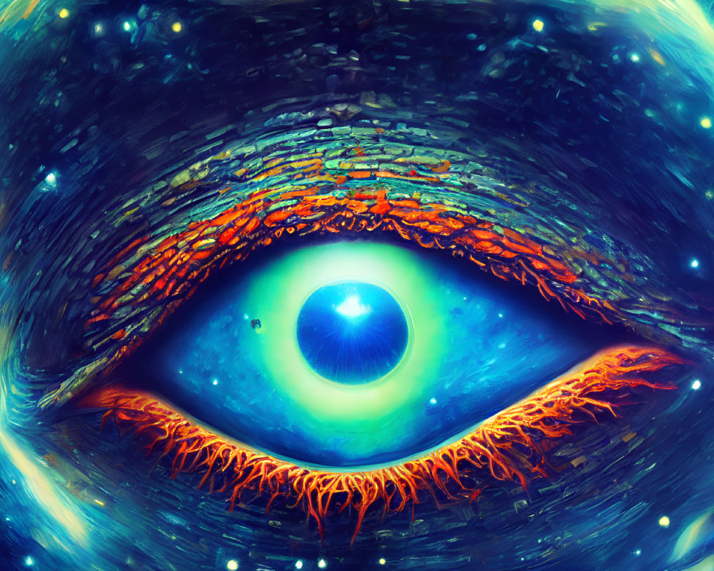 Colorful digital art: cosmic eye with blue iris in swirling galaxy pattern.