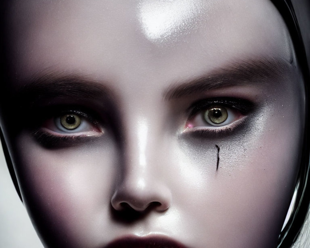 Detailed Close-Up of Person's Striking Makeup with Luminescent Skin and Dark Eyeshadow