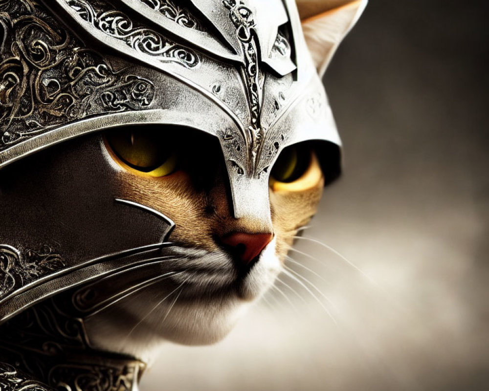 Digital artwork: Cat in medieval silver armor and helmet