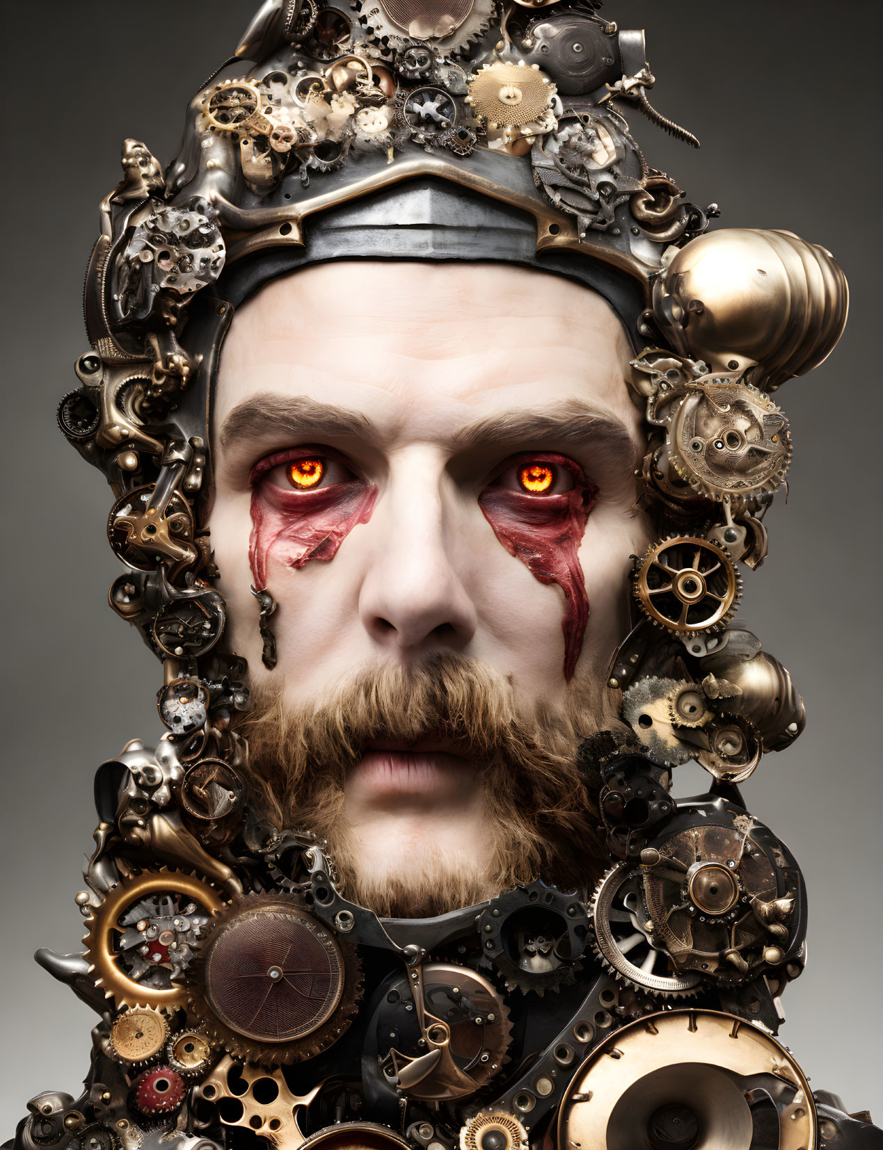 Steampunk-style headgear with glowing red eyes and mechanical parts