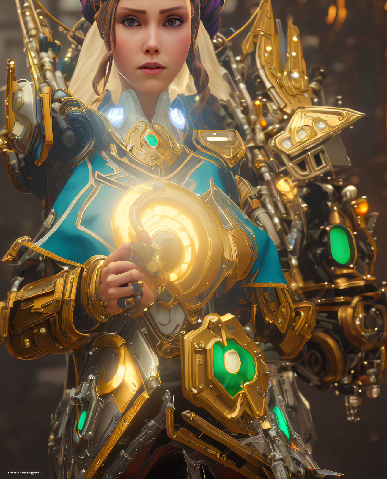 Female character in golden armor with blue elements and mechanical weapon
