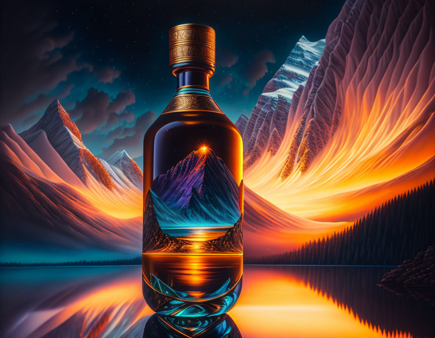 Translucent whisky bottle with mountainous landscape and fiery sky reflection