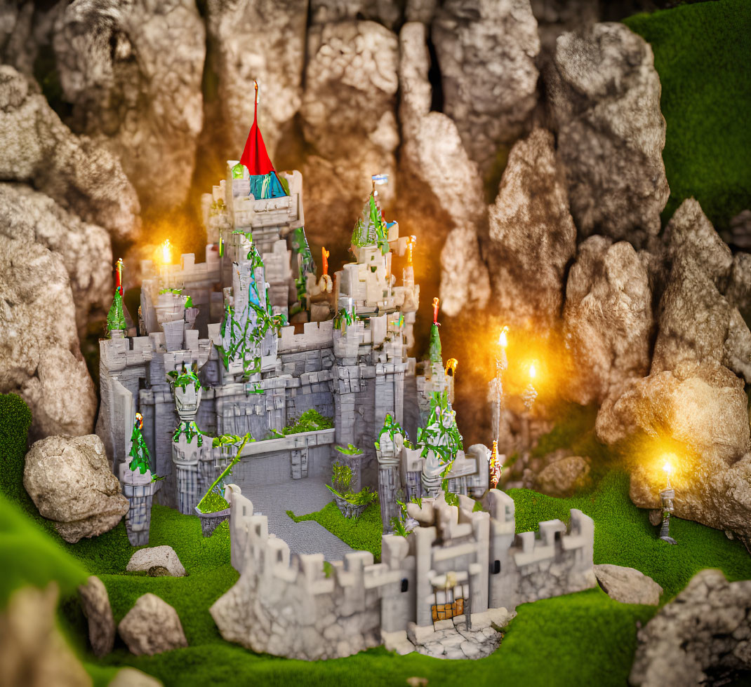 Miniature castle with red flags, torches, and green ivy in rocky terrain