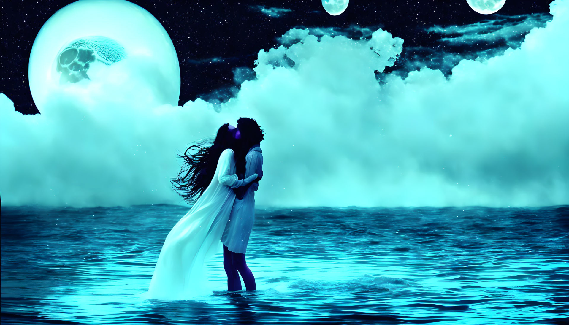 Romantic couple kissing in water under night sky