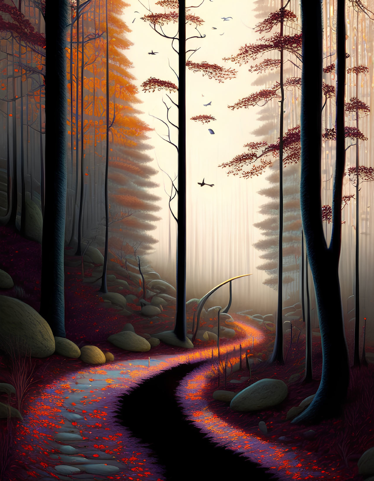 Autumnal forest path with stream, sunlight, red leaves, and flying birds.