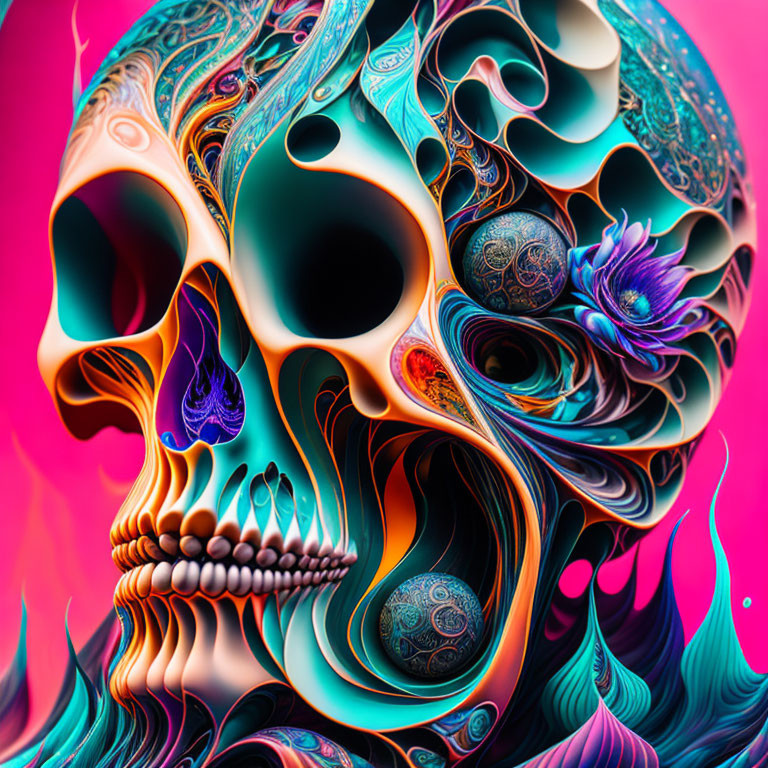 Colorful digital skull art with intricate patterns and floral motifs