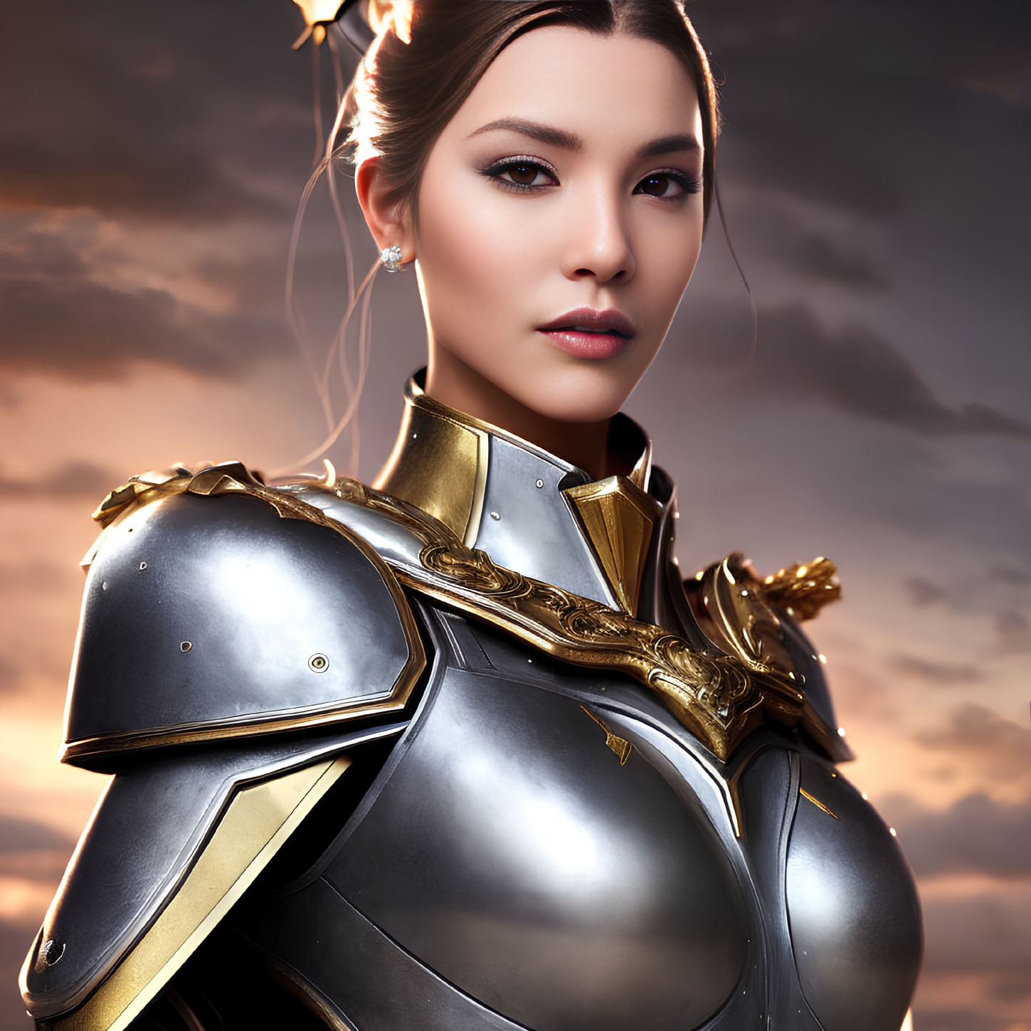 Asian woman in fantasy armor under dramatic sky