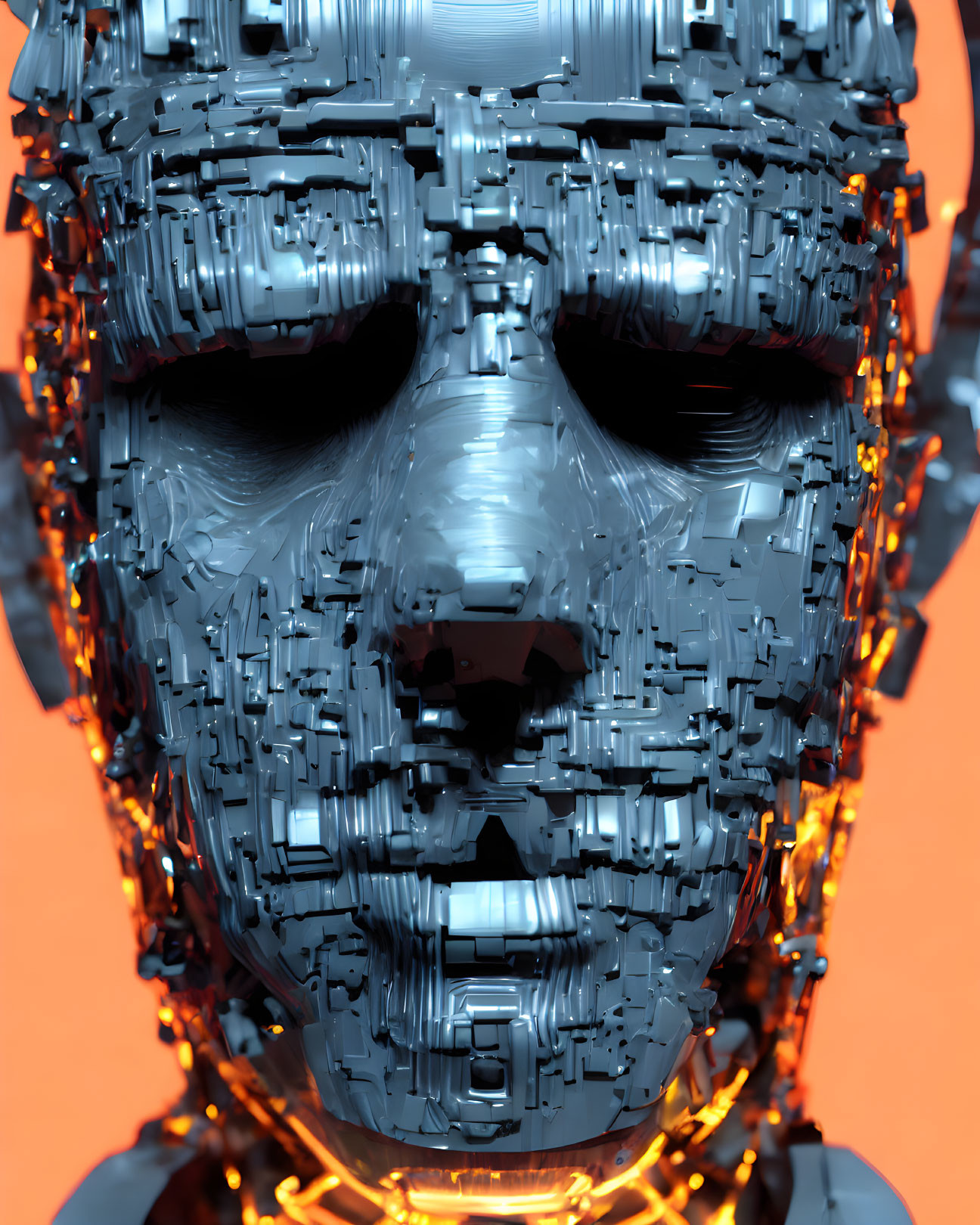 Detailed 3D metallic robot head on orange backdrop