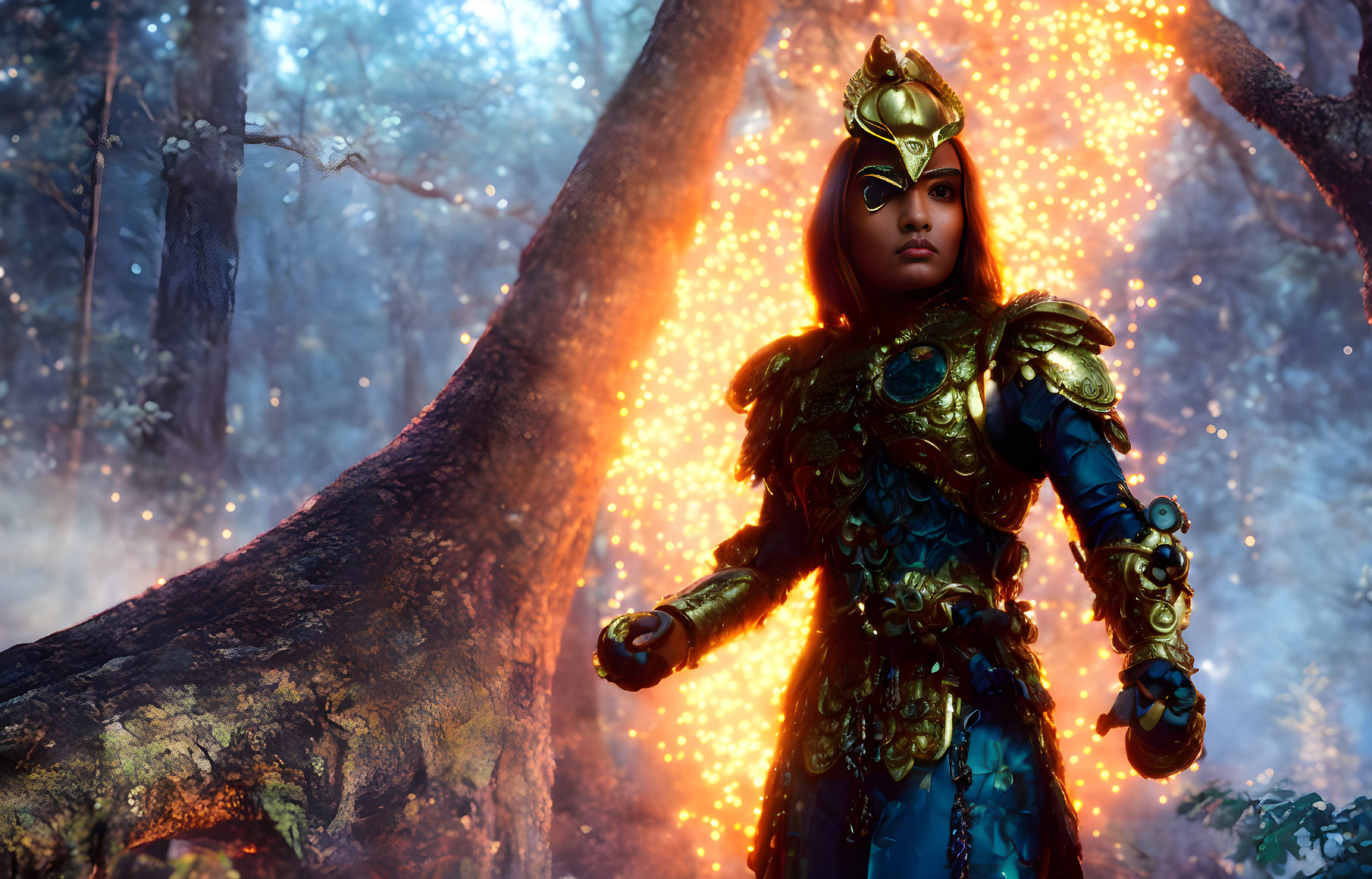 Person in Golden and Blue Armor in Mystical Forest with Glowing Particles and Luminous Tree