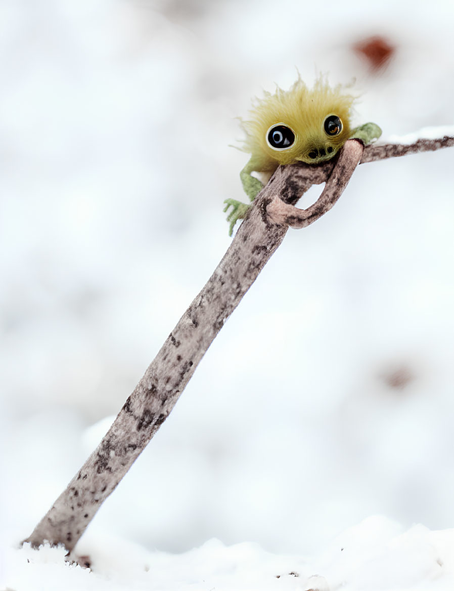 Green creature with big eyes on slanted branch in snowy background