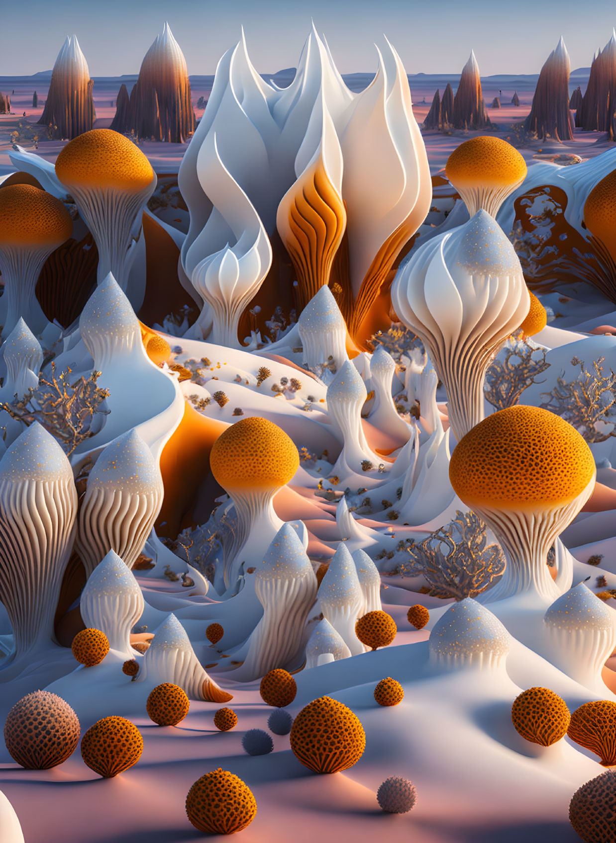 Surreal landscape with tree-like structures and mushroom formations under soft glowing light