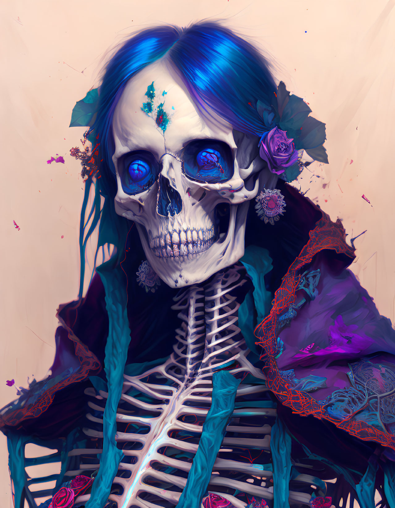 Colorful Flower Adorned Skeleton Illustration on Pastel Background