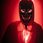 Hooded figure with glowing red eyes holding luminous crystal in red mist