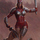Female warrior in red and silver armor holding a spear on crimson backdrop