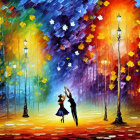 Impressionistic painting of couple dancing under lamplight