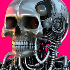 Metallic Cyborg Skull on Vivid Pink Background with Human Anatomy and Futuristic Technology