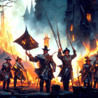Fantasy characters in musketeer attire amid flames and castle