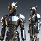 Advanced humanoid robots in sleek metallic armor on gradient gray background