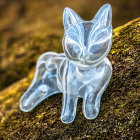 Translucent glass fox figurine on moss under sunlight