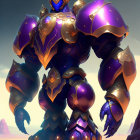 Armored giant with blue crystal chest under hazy sky in purple armor