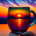 Colorful sunset beach scene painted on reflective coffee mug
