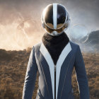 Futuristic spacesuit with reflective helmet against dramatic skies and fiery landscape