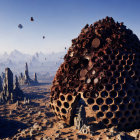 Futuristic desert landscape with dome structure, floating ships, and rock formations