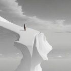Person standing on surreal white structure under cloudy sky