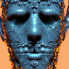 Detailed 3D metallic robot head on orange backdrop