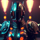 Futuristic robot with ornate armor and helmet illuminated by neon lights