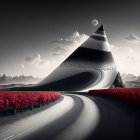 Surreal landscape with winding road, red foliage, pyramid-shaped mountain, and moody sky.