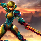 Futuristic armored female warrior with cannon arm in dynamic pose against orange sky