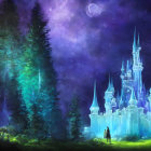Enchanted night scene with glowing blue castle in forest under starry sky