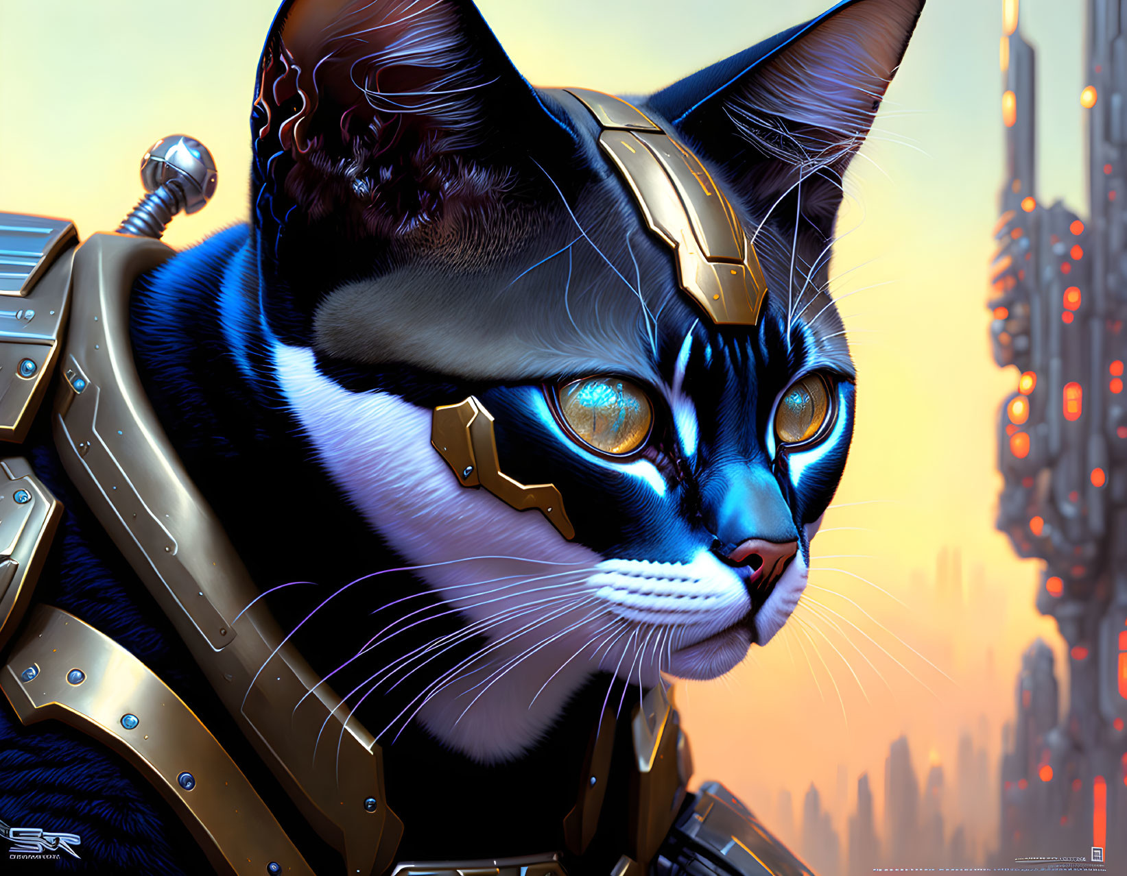 Detailed digital artwork: Cat in futuristic armor with vibrant colors against cityscape.