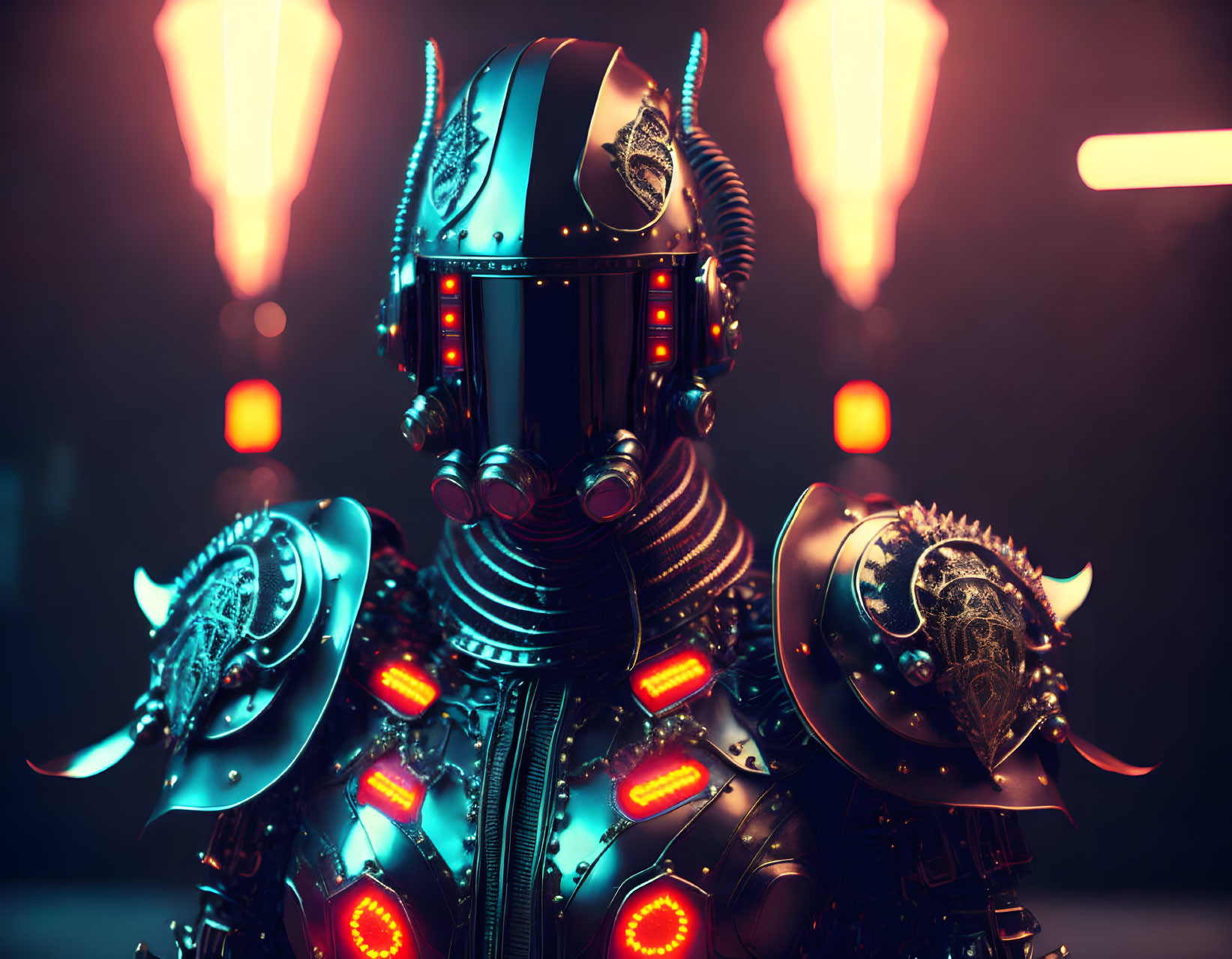 Futuristic robot with ornate armor and helmet illuminated by neon lights