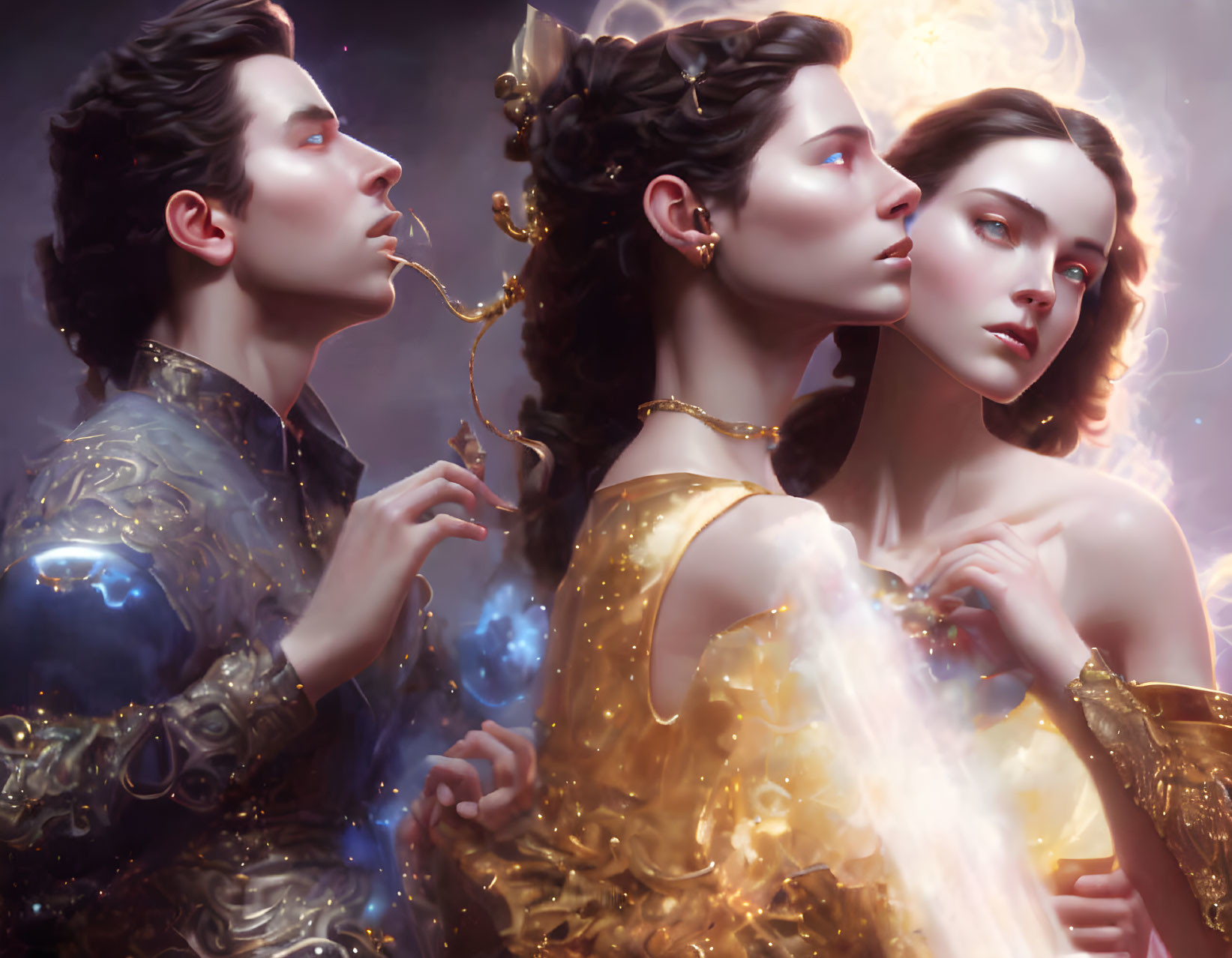 Ethereal figures in celestial attire with dreamy haze - fantasy theme