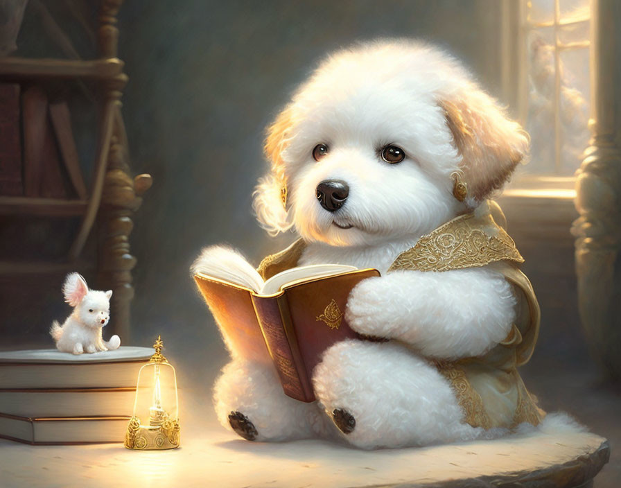 Fluffy white dog reading