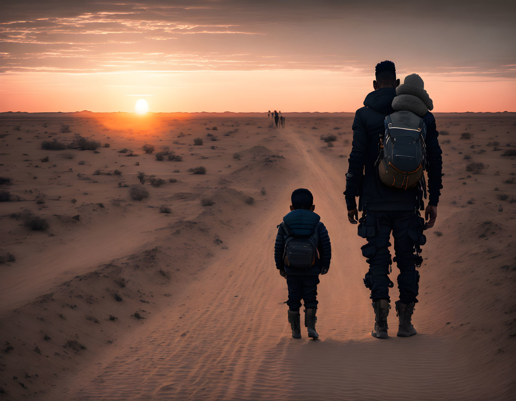 A man goes into the sunset with his son.
