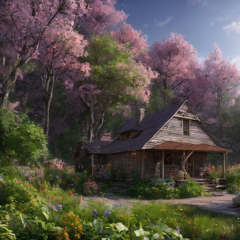 Tranquil wooden cabin surrounded by cherry blossoms and vibrant garden