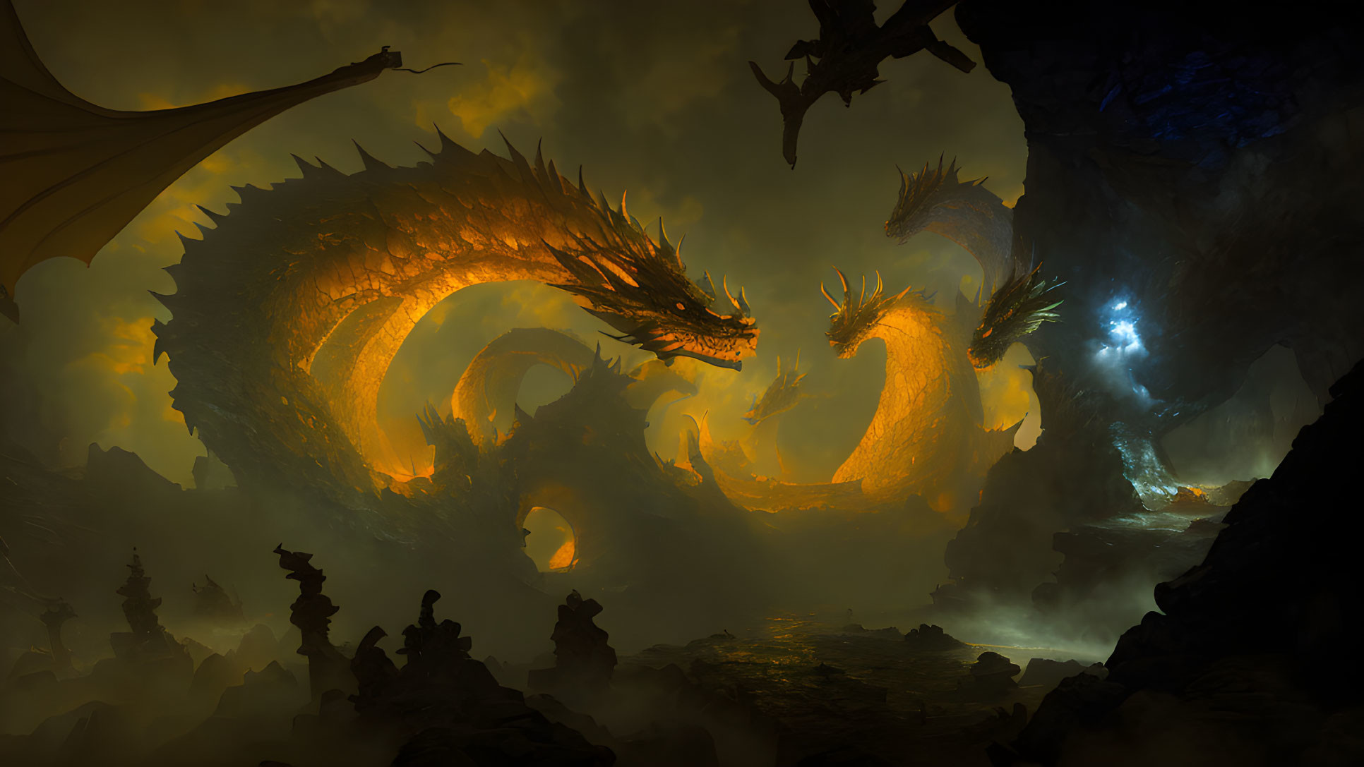 Two dragons breathe fire in a cave with a glowing crystal and shadowy figures in a misty setting