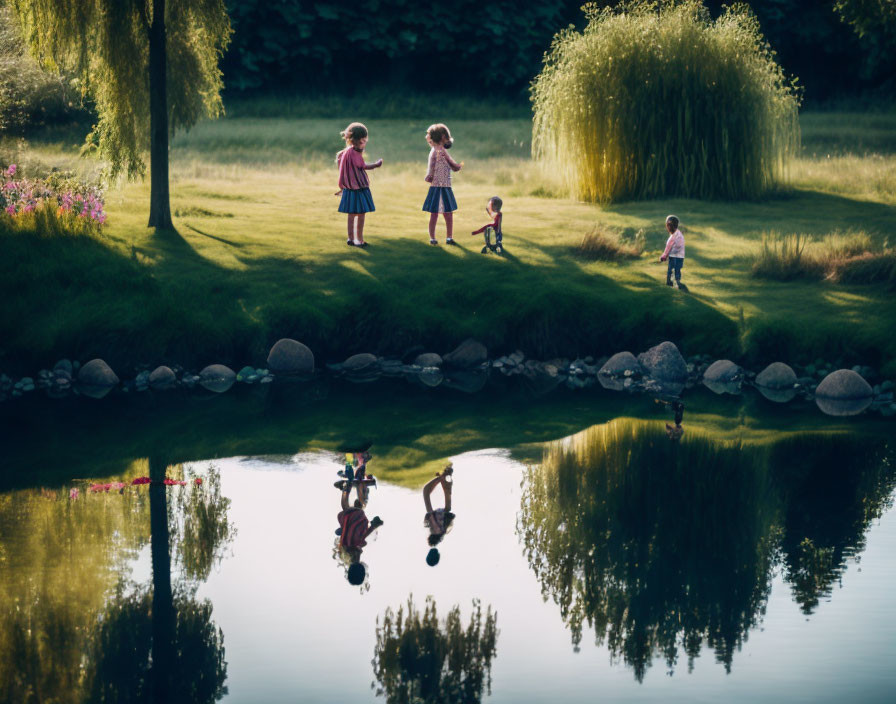 Children playing near a village pond, Descriptive 