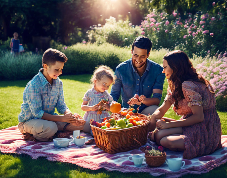A family enjoying a picnic in a charming village g