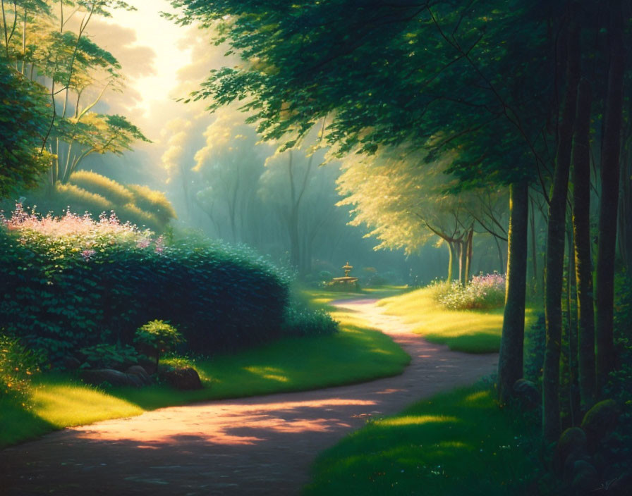 A serene village path surrounded by lush greenery,