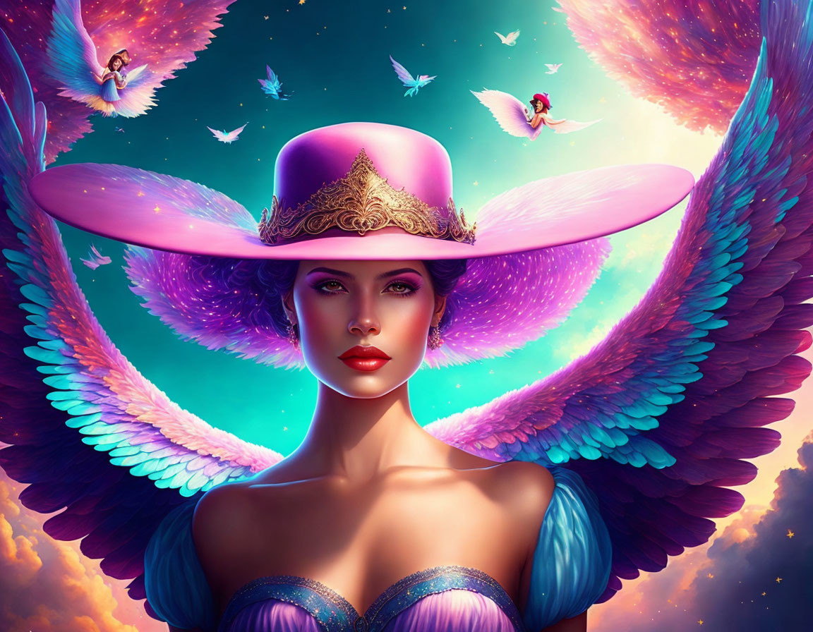 Beutiful girl with hat and crown with wings