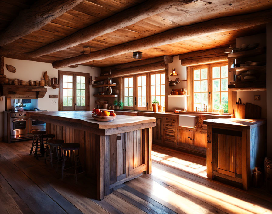 A beautiful lit rustic wooden kitchen