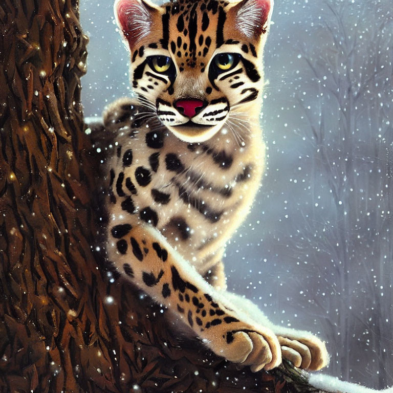 Anthropomorphized leopard in snowy setting clinging to tree