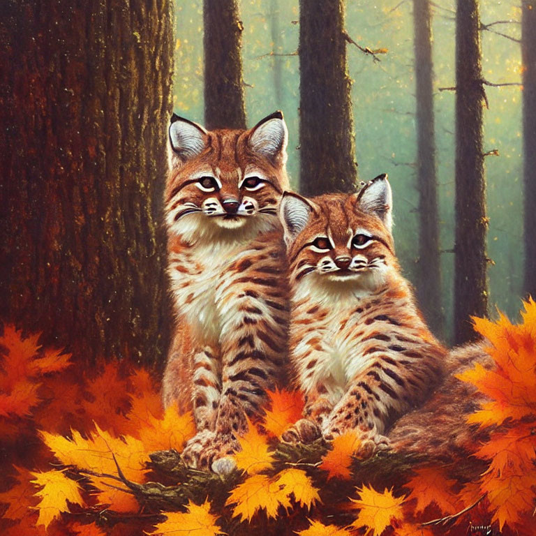Two Bobcats Camouflaged in Autumn Forest